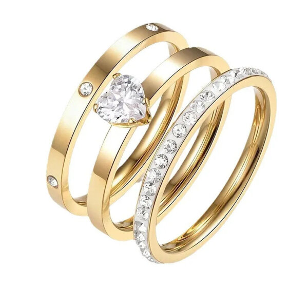 Ring Set 3er Set Boho Goldringe mit Herz Zirkon