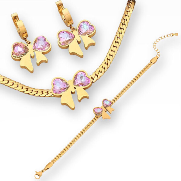 Schmuck Set Rosa Schleife 18 K Vergoldet